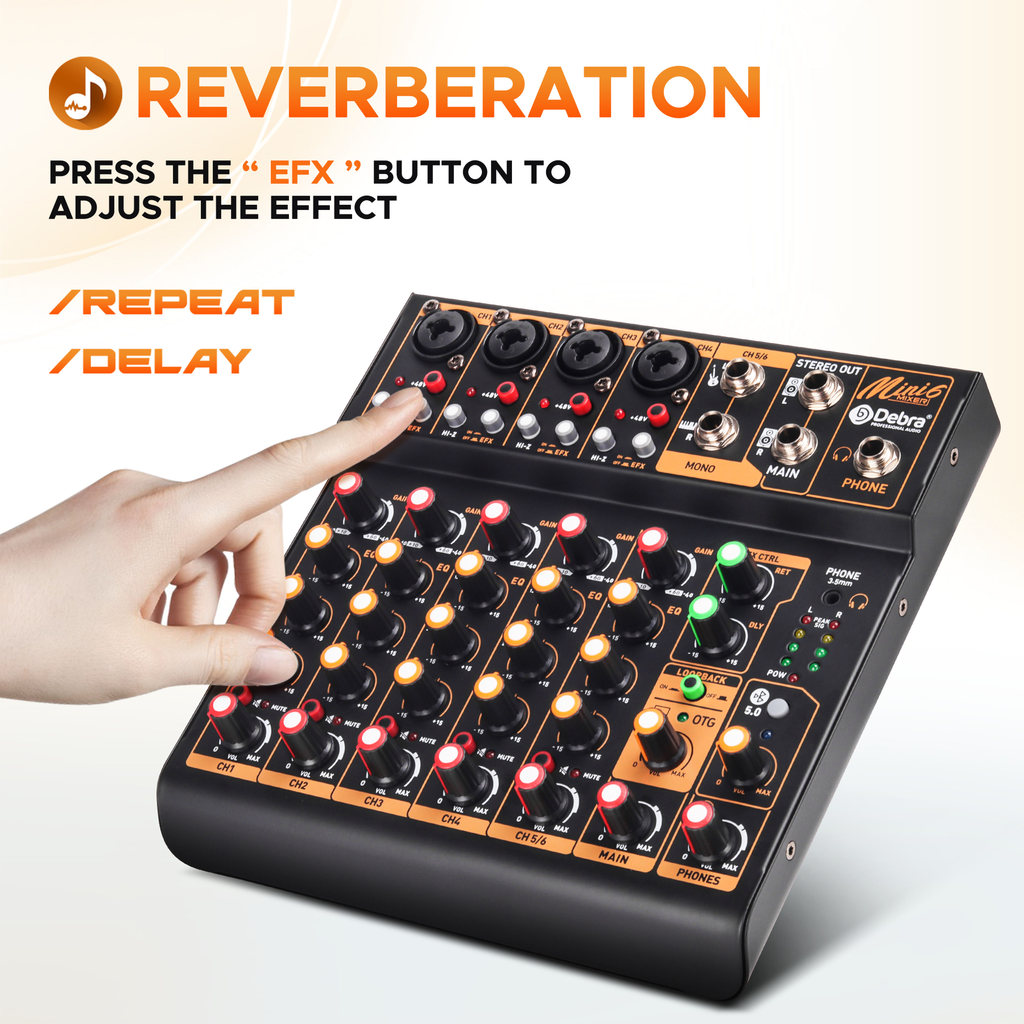Mini 4 Mini 6 4/6-channel audio mixer with Bluetooth 5.0 OTG Reverb 48V Sound Card for PC Recording,
