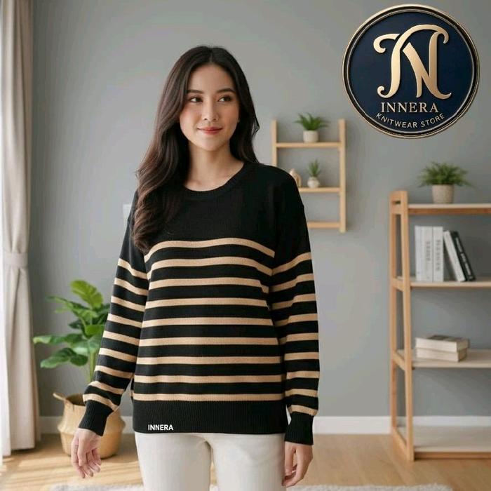 MELISA Sweater Rajut Wanita dan Pria Knitwear Tebal Motif Garis Garis salur