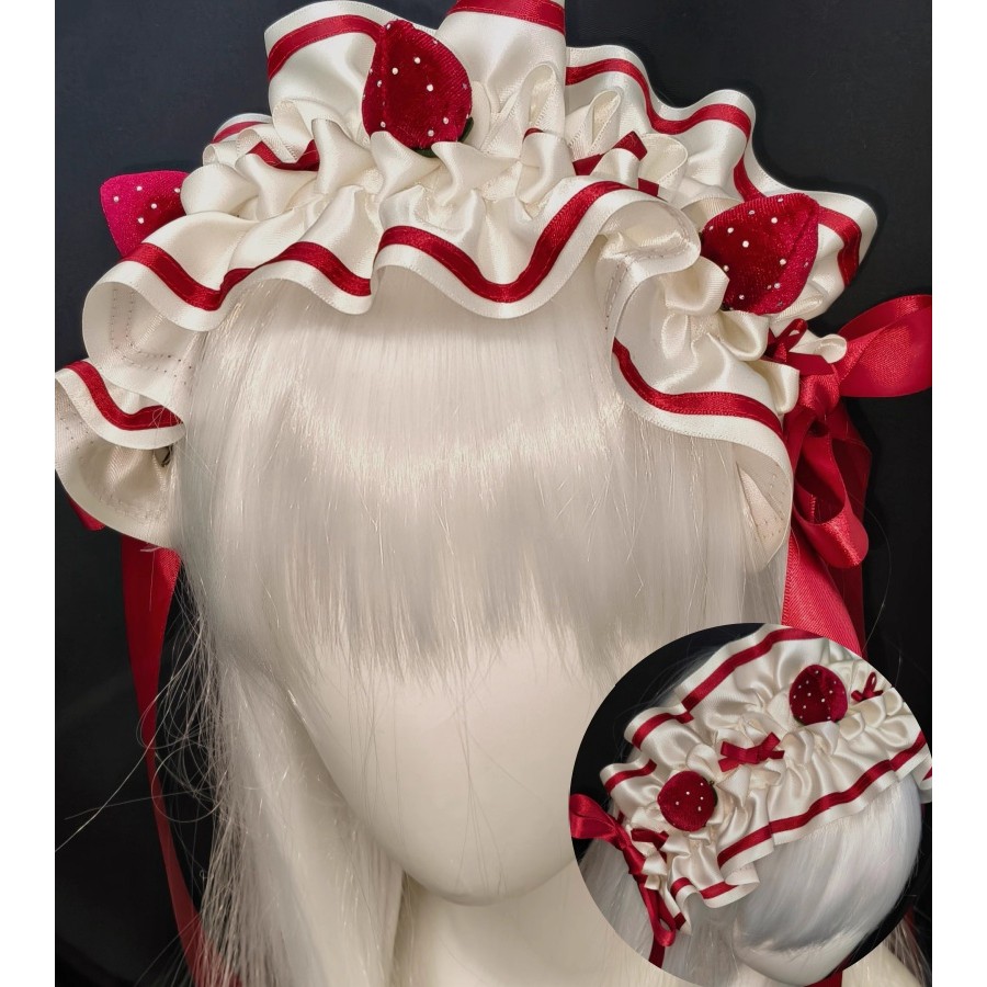 2 Types Handmade Subculture Wine Red Strawberry Headband Ruffled Maid Hair Accessory Lolita Sweet