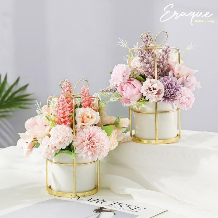 Arya Potted Flower / Pot Vas Putih Keramik Bunga Artificial Mewah Unik