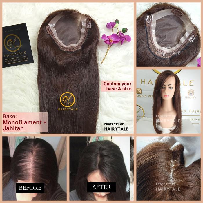Toupee/topper clip Wanita, Monofilament+jahitan, 100% Human Hair