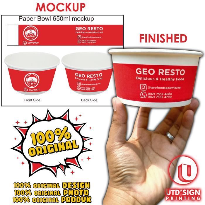 PAPER BOWL 650 ml + TUTUP CETAK SABLON CUSTOM LOGO
