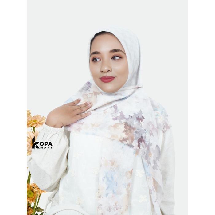 ASLI Kopamart - Hakaera Hijab Segi Empat Khadijah Kerudung Printing Premium Digital Broken White