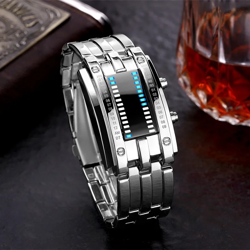 Business Men Stainless Steel Blue Binary Luminous LED Electronic Watch Displays Waterproof Fashion