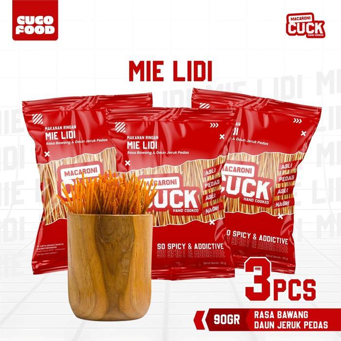 Macaroni Cuck Mie Lidi Pedas Daun Jeruk Kemasan Reg 80 Gr x 3 Pcs Snack Cemilan Gurih Asin