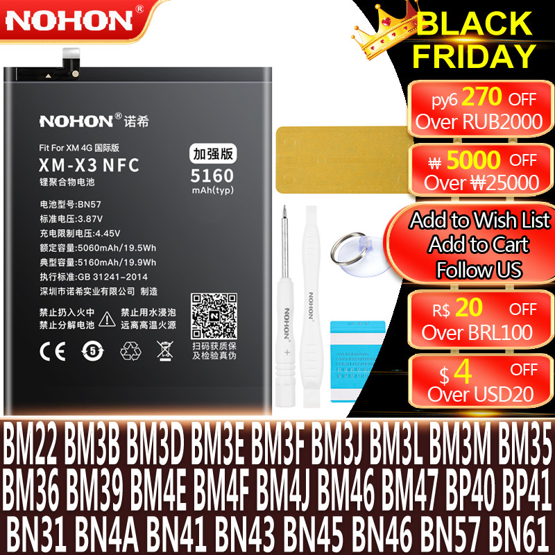NOHON BN57 BM4J BM3L BM4E BM3M BM3E BN4A BN46 Battery For  Mi 9T Pro 8 Lite 9 SE 11 POCO X3 NFC F1  