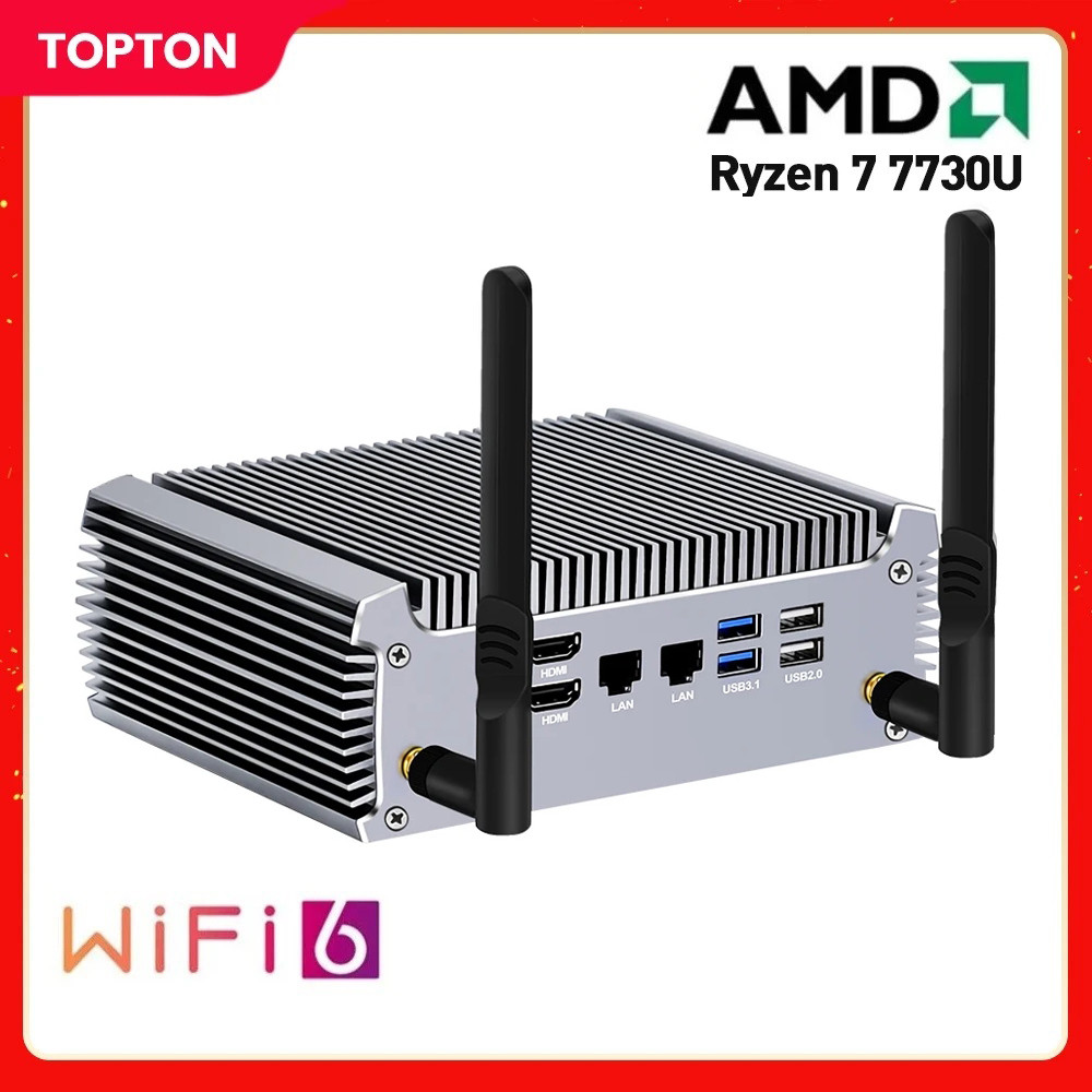 Topton Fanless AMD Mini PC Ryzen 7 7730U 5800U PC Gaming Computer Windows 11 Dual LAN Firewall