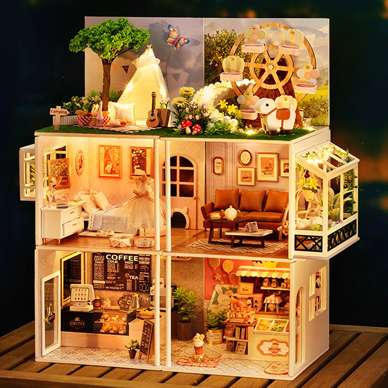 DIY Wooden DollHouse Leisurely Coffee Shop Dollhouses Scene Model Miniature Doll House Wooden