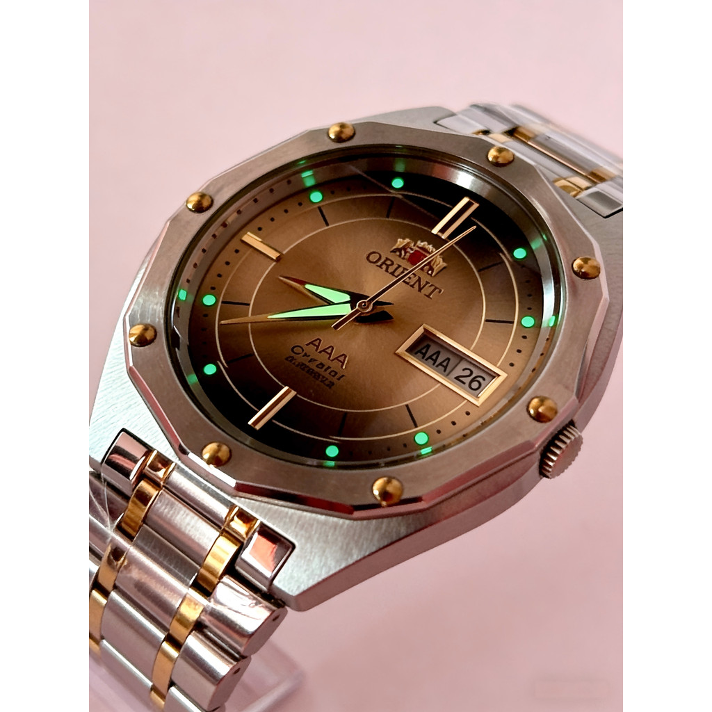 ORIENT Men's Automatic Watch Two-Tone Stainless Steel Band Green Dial Day-Date Display AAA Crystal