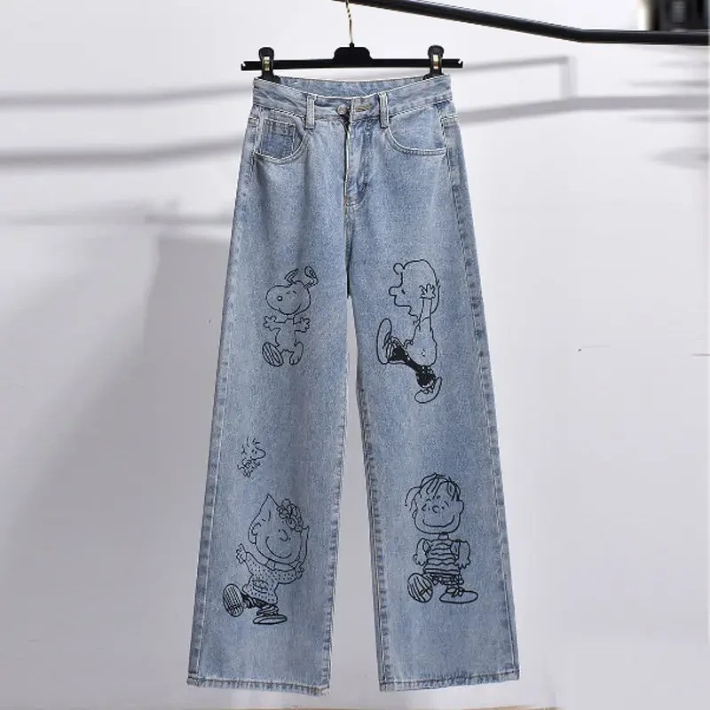 Snoopy Pants leg jeans female preppy style 2022 spring and autumn high waist loose straight trousers
