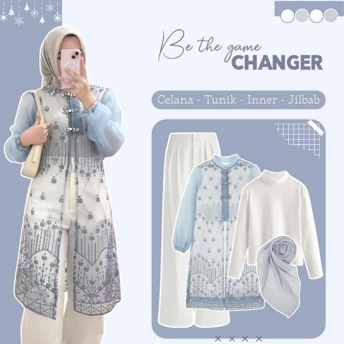 Setelan Wanita For Raya 4In1 (Tunik Brokat Denim - Manset Kaos - Celana Kulot - Rok Duyung - Jilbab)