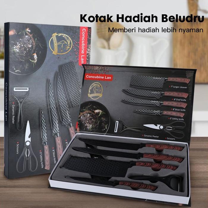 Bilikot Pisau Baja Dapur Hitam Set 6In1 High Quality Stainless Steel Multifungsi Alat Koki Knife