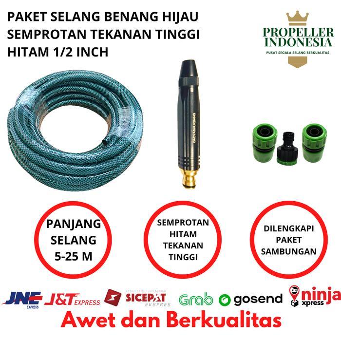 Selang Air 1/2 Inch Benang Hijau Paket Semprotan Air Cuci Motor Hitam