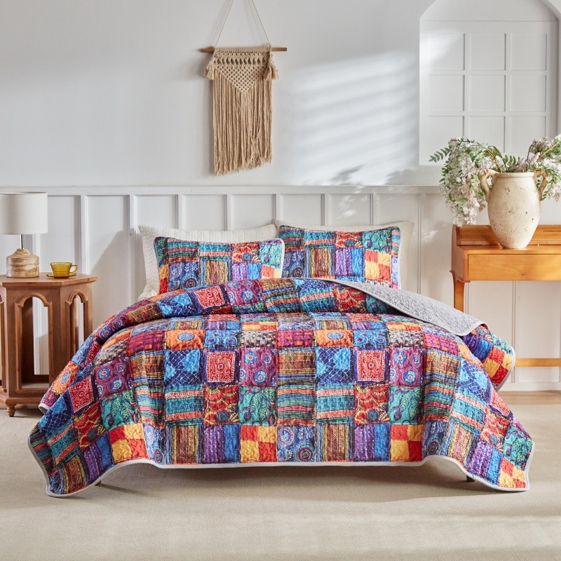New Quilted Bed Cover Set US Full Size Bedspread+51*66cm Pillowcase Set Colorful Patchwork Summer