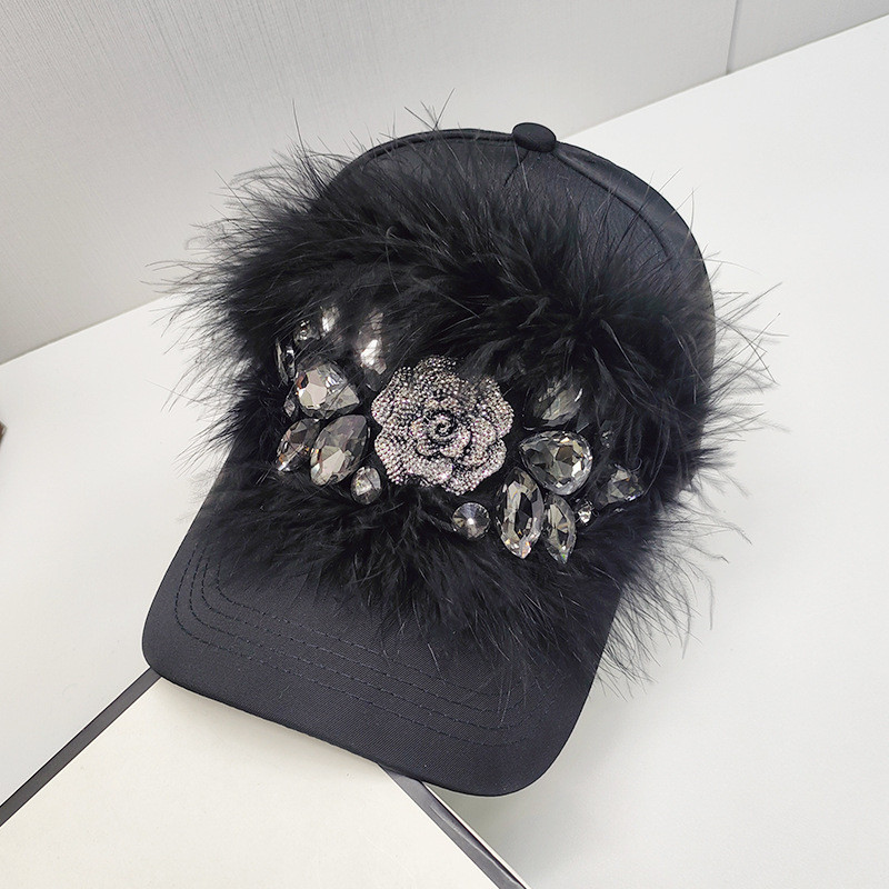 202502-shi ins chic spring original Real Ostrich hair drill Metal camellia lady baseball hat women