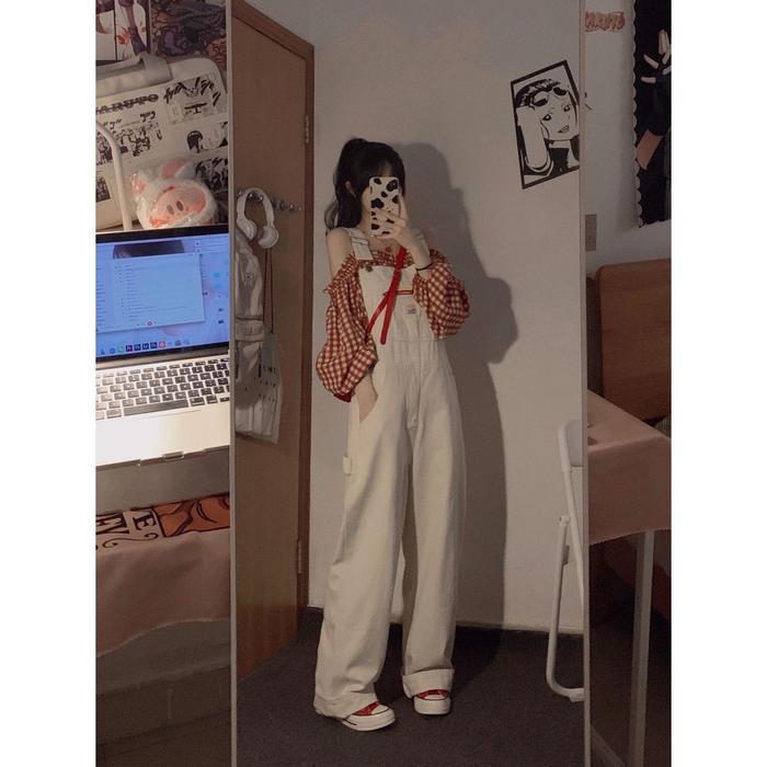 XJ0071 Overall Denim Putih Retro Celana Lurus High Street Gaya Amerika Jeans Panjang Pendek Wanita