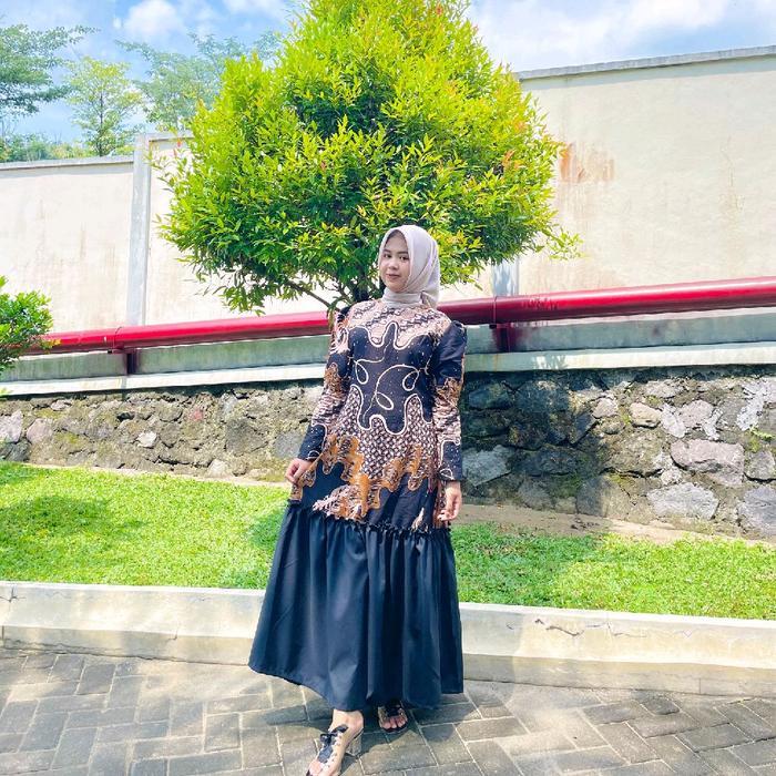 Batik Wanita Modern Gamis Motif Kawung Samudra Warna Hitam Batik Wanita Batik Formal Wanita Gamis