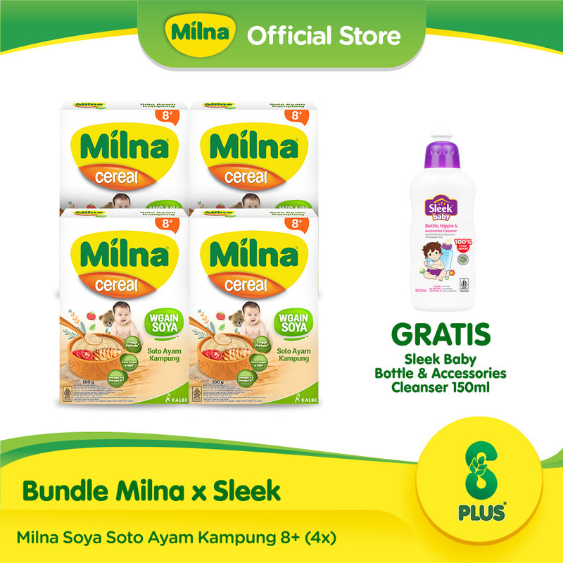 Bundle 4 Milna Wgain Soya Soto Ayam Kampung 8+ Free Sleek Baby Bottle & Accessories Cleanser 150ml