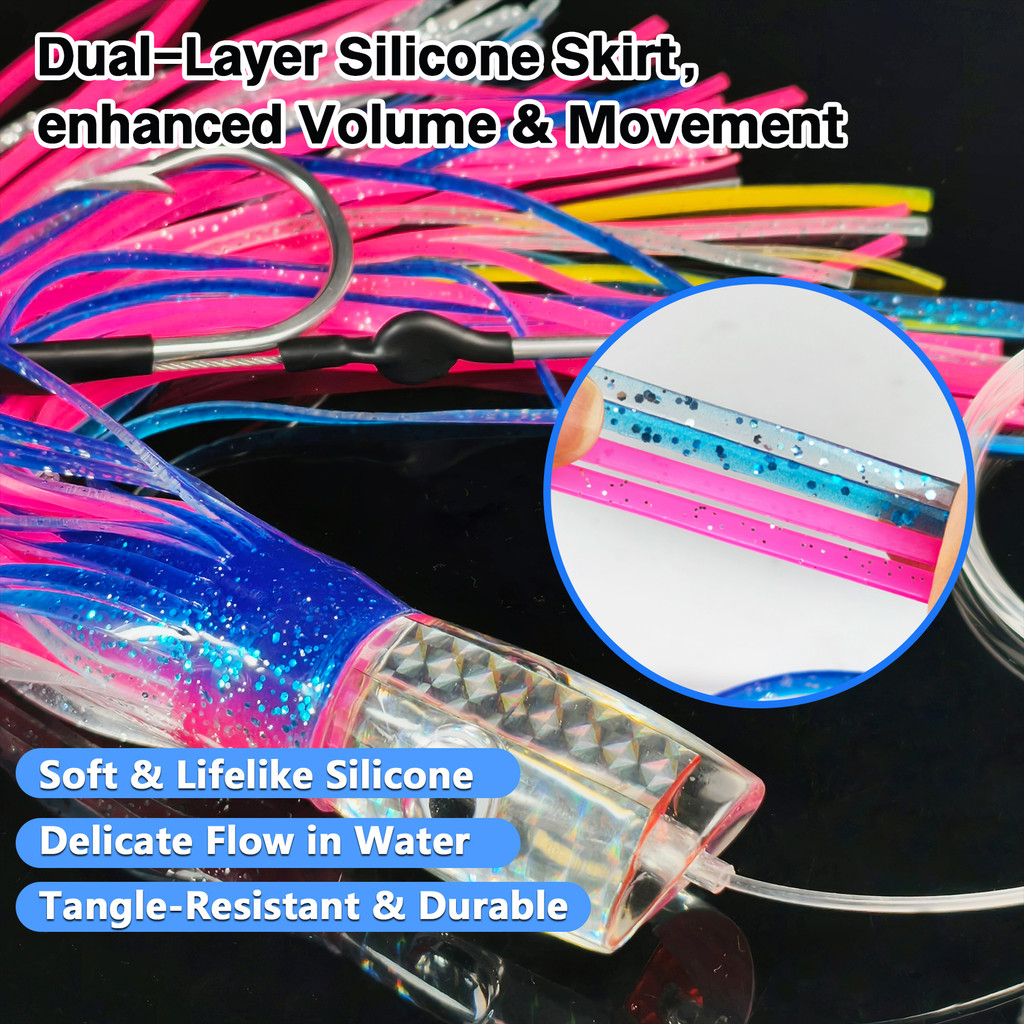 Resin Slant Head Trolling Lure with 3D Eyes, Flash Silicone Skirts for Tuna, Mahi Mahi, Wahoo,