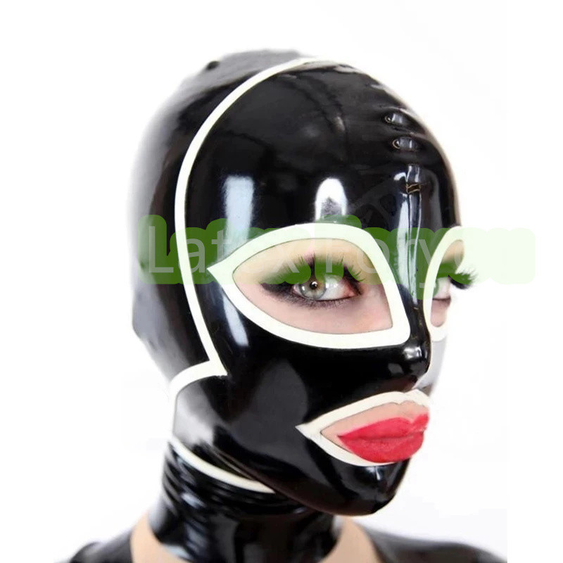 Latex Hood Black With White Trims Seams With Back Zipper Open Eyes And Mouth Rubber Mask Handmade