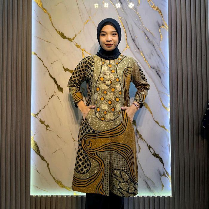 "New" Batik Tunik KENDI COKLAT Solo kancing depan full kancing depan panjang baju 98-100 by Batik