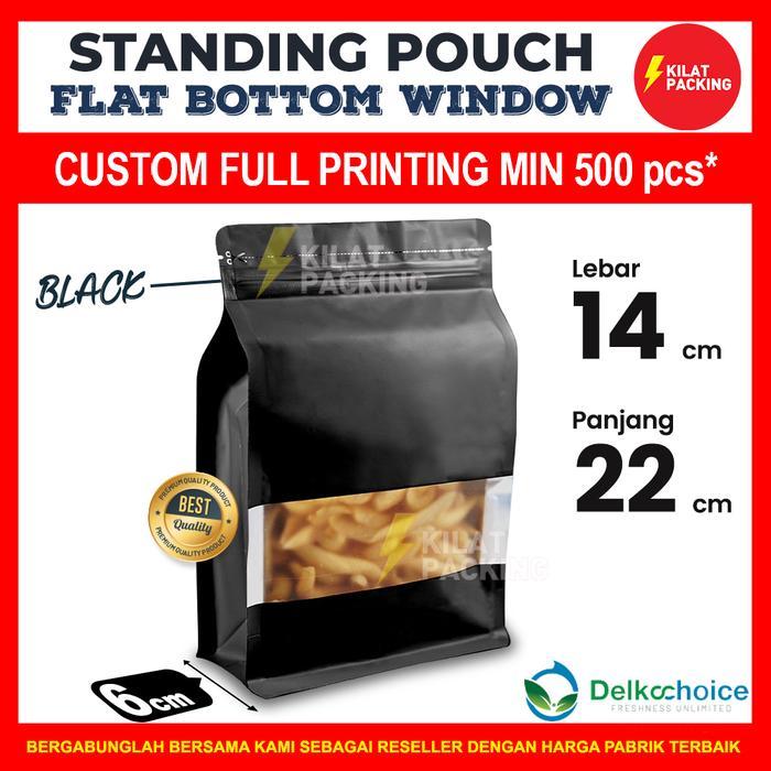 STANDING POUCH FLAT BOTTOM WINDOW HITAM ALUMUNIUM FOIL 14x22 SATUAN