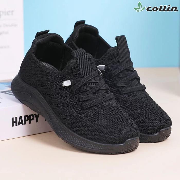 Ando Kids - Sepatu Sekolah Anak Laki-Laki Perempuan Hitam Slip On Rajut Sneakers Tali Mati Alas