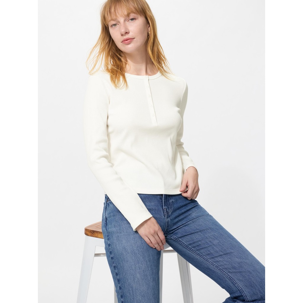 Uniqlo T-Shirt Rib Kerah Henley Lengan Panjang