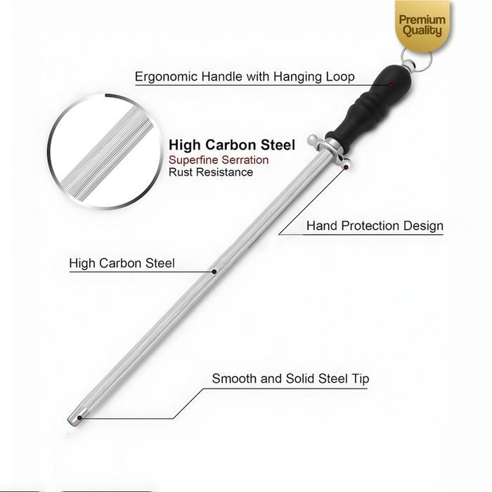 Pengasah Pisau Stik Honer Stainless Steel Premium Dengan Handle Kayu Pengait Honing Rod Terbaik