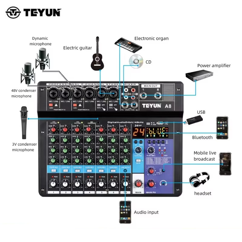 TEYUN A8 A6 A4 6/8 Channel Audio Mixer Professional Portable Mixer Sound Table Board Digital MP3