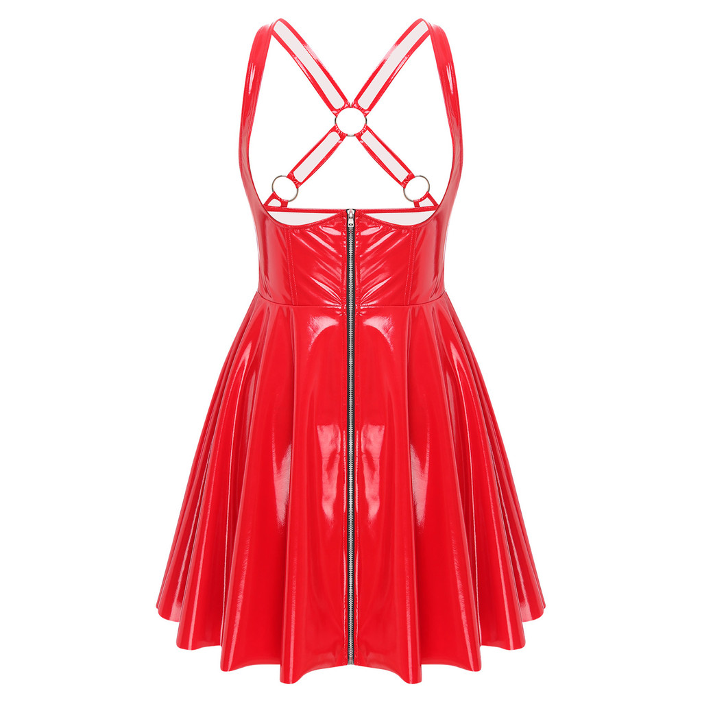 Gothic Women Wet Look Latex Leather Dress Sleeveless Front Cut Out Cu Bodycons Dress Raves Party