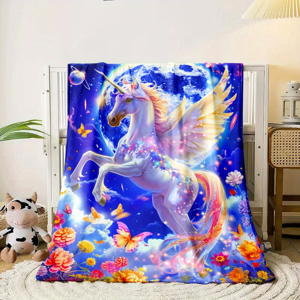 Unicorn Pegasus Flying In Galaxy Flowers Butterflies Fleece Blanket Magic Fantasy Design Soft