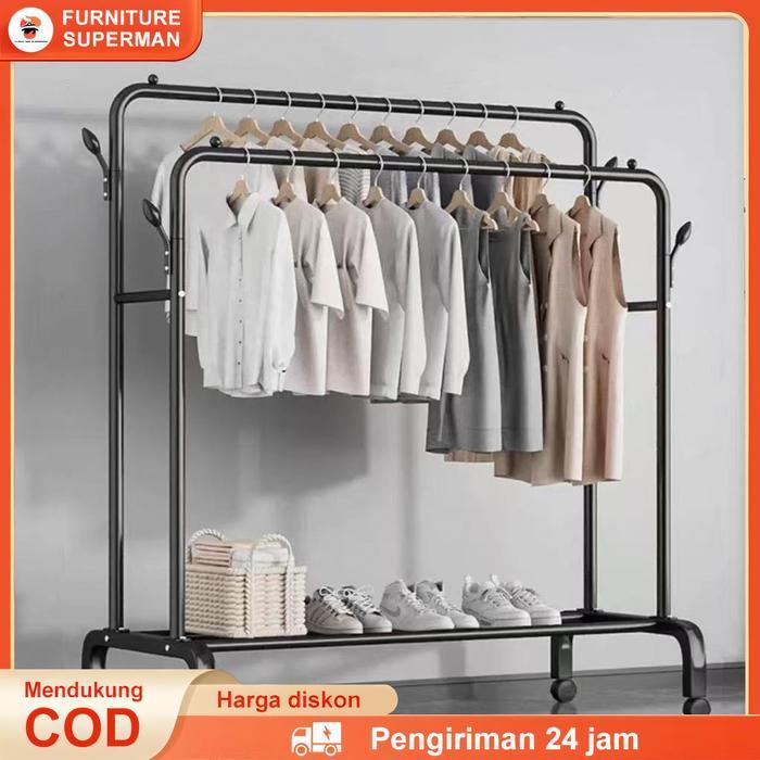 Rak Baju Gantung Gantungan Baju Besi Tebal Dan Kuat Gantungan Baju 2 Lapis Gantungan Baju Berdiri