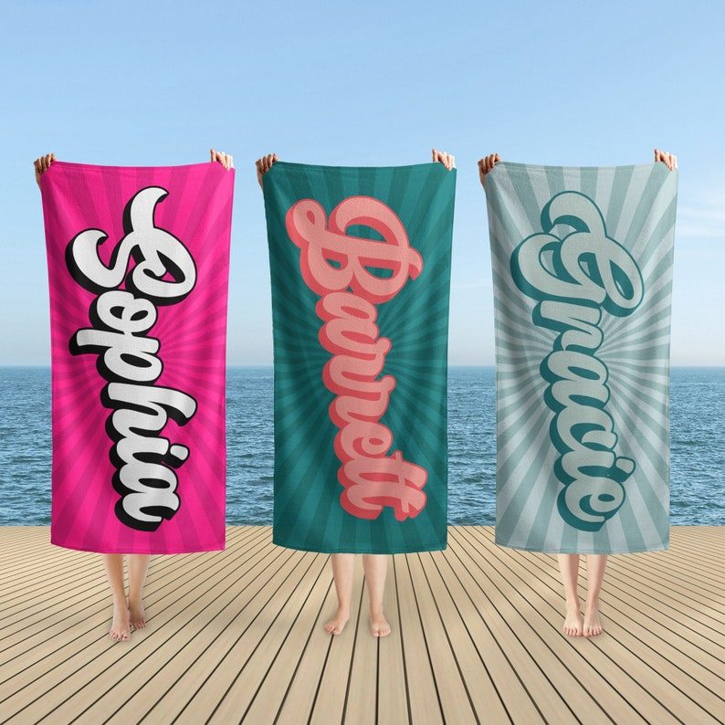 Retro Personalized Beach Towel, Custom Name Bath Towel, Outdoor Vacation Gift, Pool Party Towels