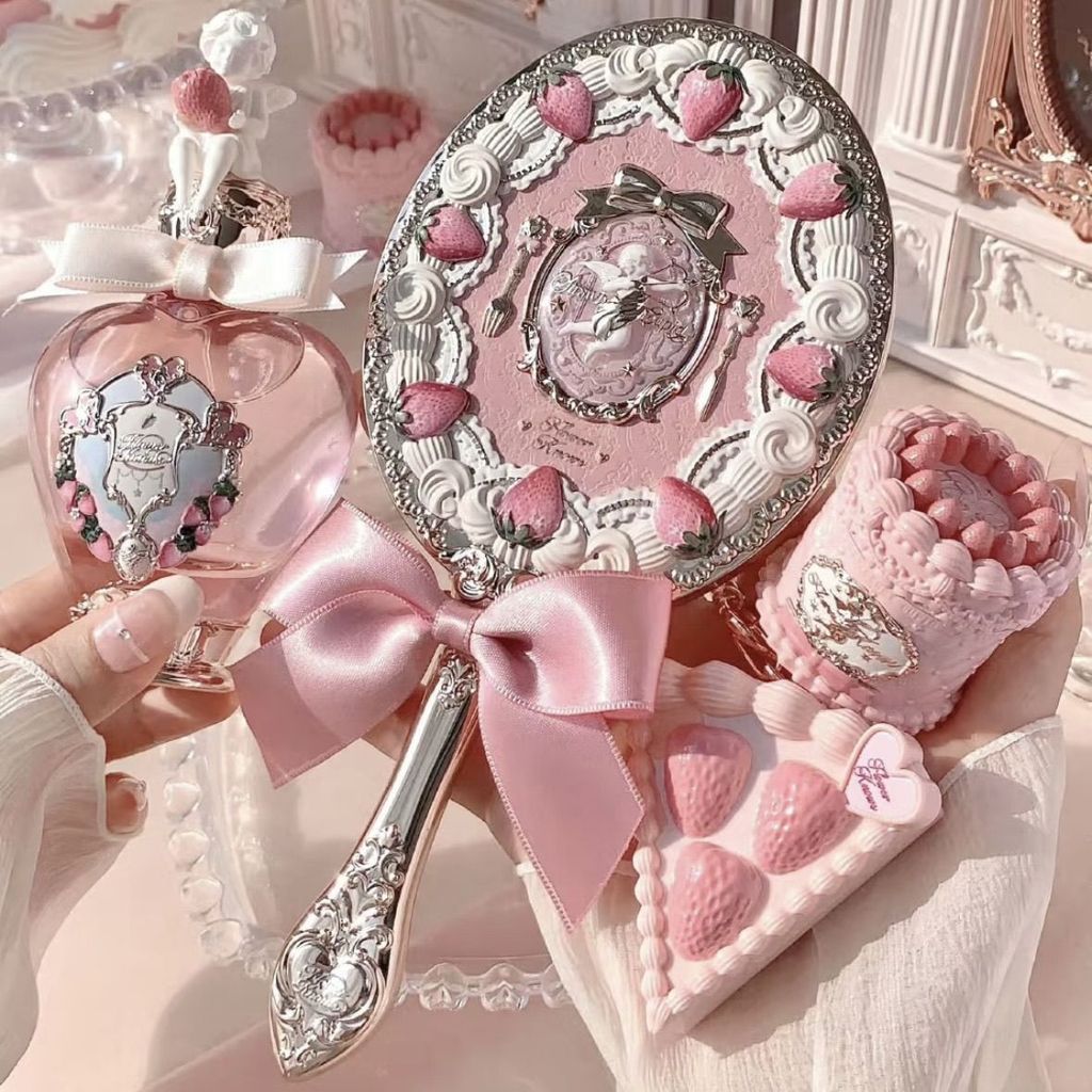 Flower Knows Strawberry Cupid Surrounding Mirror Mini Handheld Mirror Bow High Beauty Retro Relief