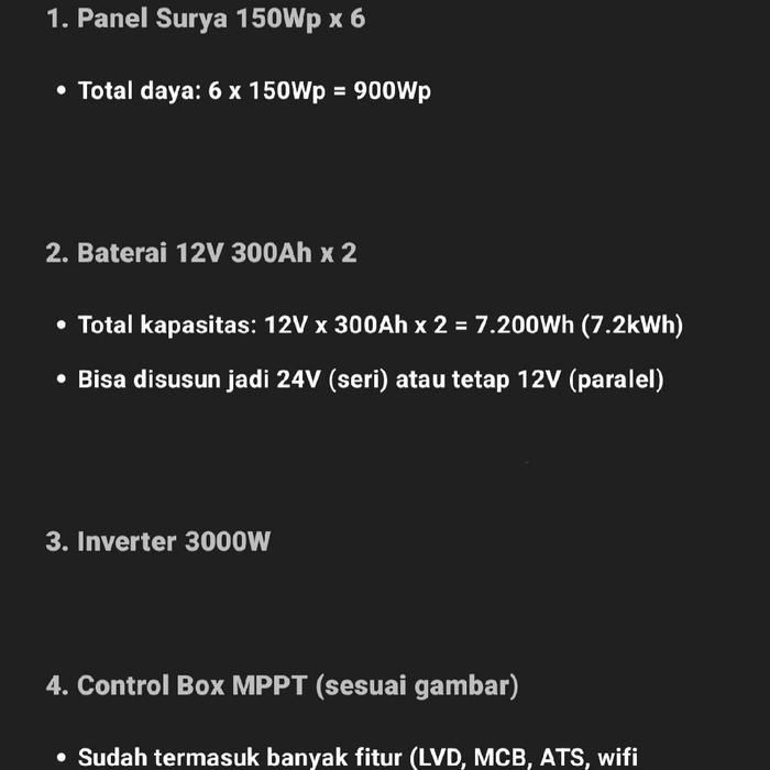 Sistem PLTS 2000 Watt Off-Grid dengan Panel Surya Solar Cell 900 Wp dan Baterai Lithium 12V 7.200Wh
