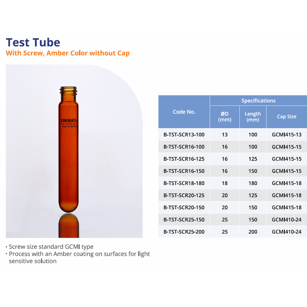 Test Tube With Screw Without Cap 18 x 180 mm Amber Color Merk Iwaki Original Code Number B-TST-SCR18