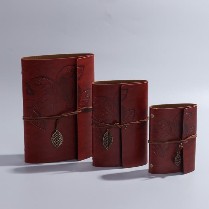 Notebook Buku Binder Vintage A7 Kulit Pu Isi Kertas Daur Ulang Coklat Polos 75 Lembar - Motif Daun