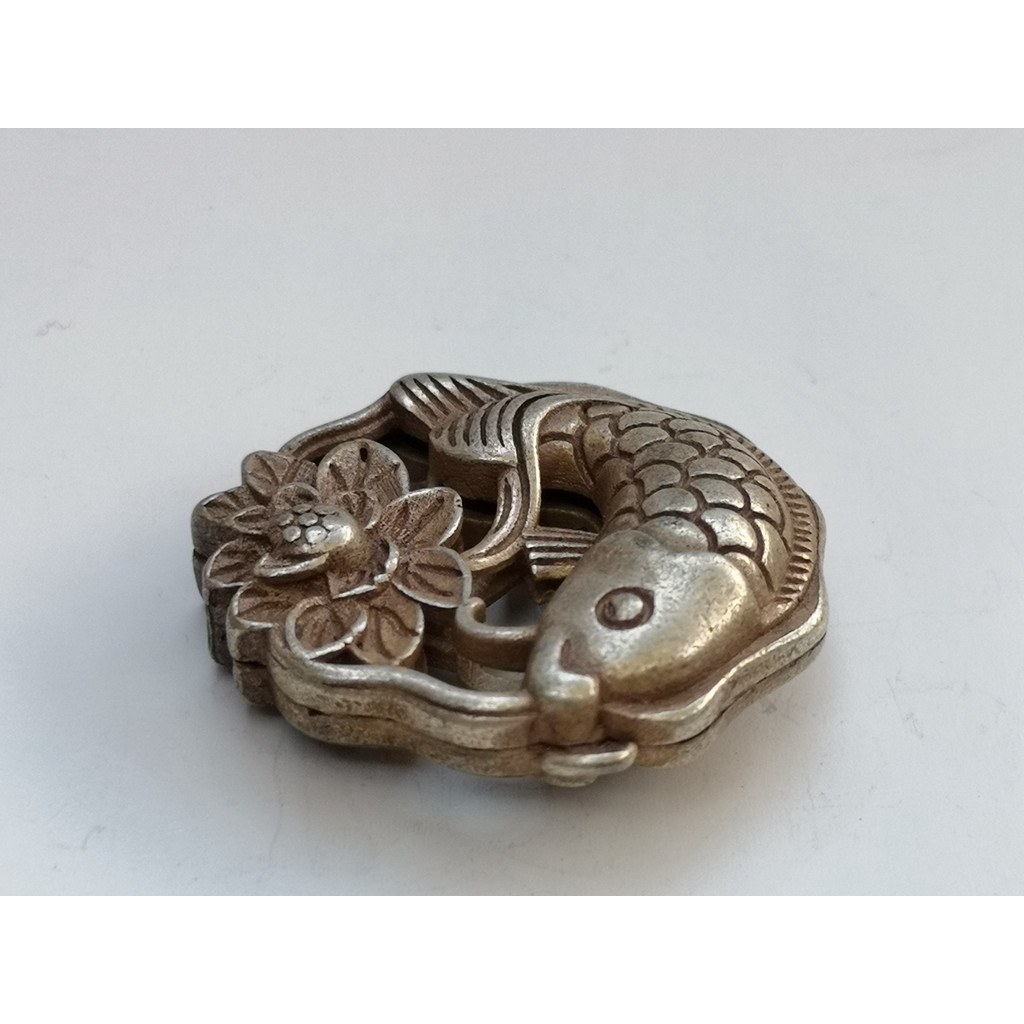 Collection Old Chinese Tibet Silver Carving Fish Lotus Amulet Pendant Decoration