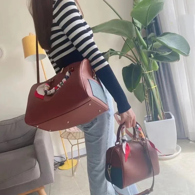 Unisex Boys Boston Handbag PU Large Capacity Shoulder Bags with Silk Scarf Luxury V Design Mute