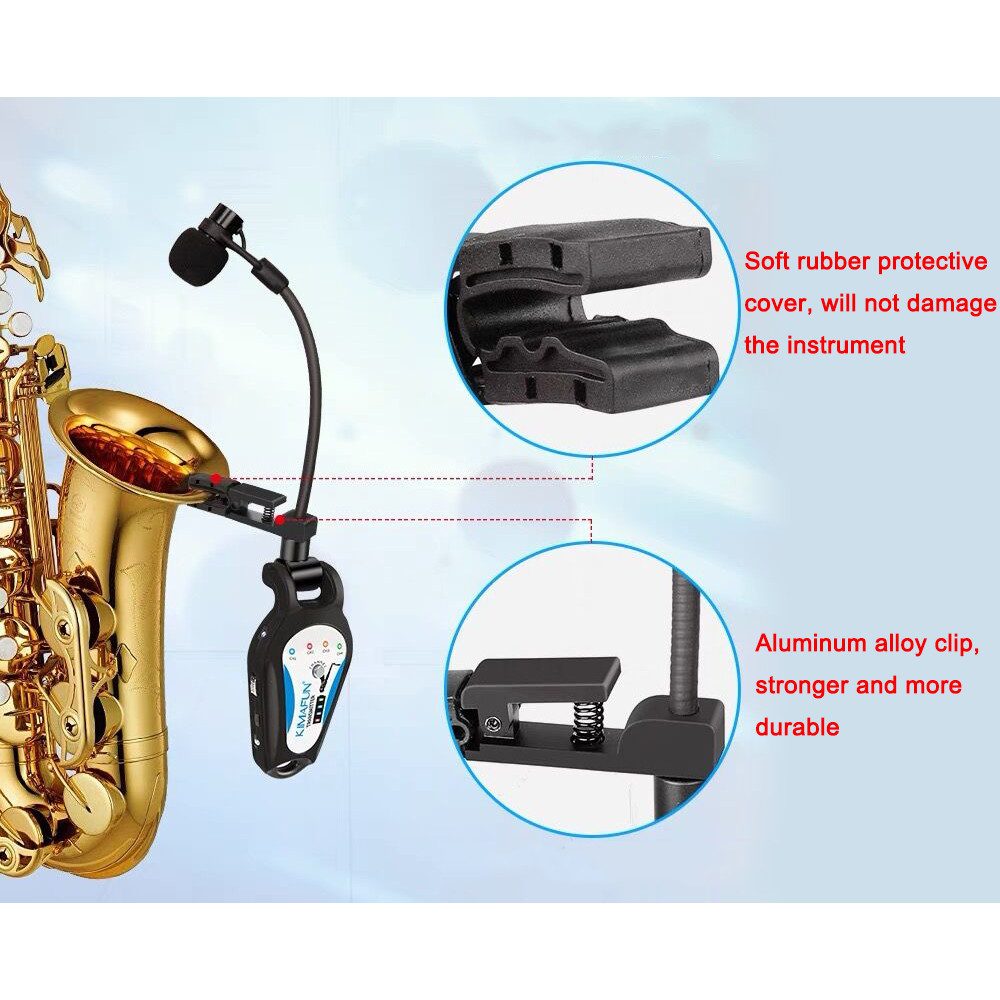 KIMAFUN 2.4G Wireless Saxophone Microphone, Clip-on Instrument Mic for Sax, Trumpet, Horn, Tuba,