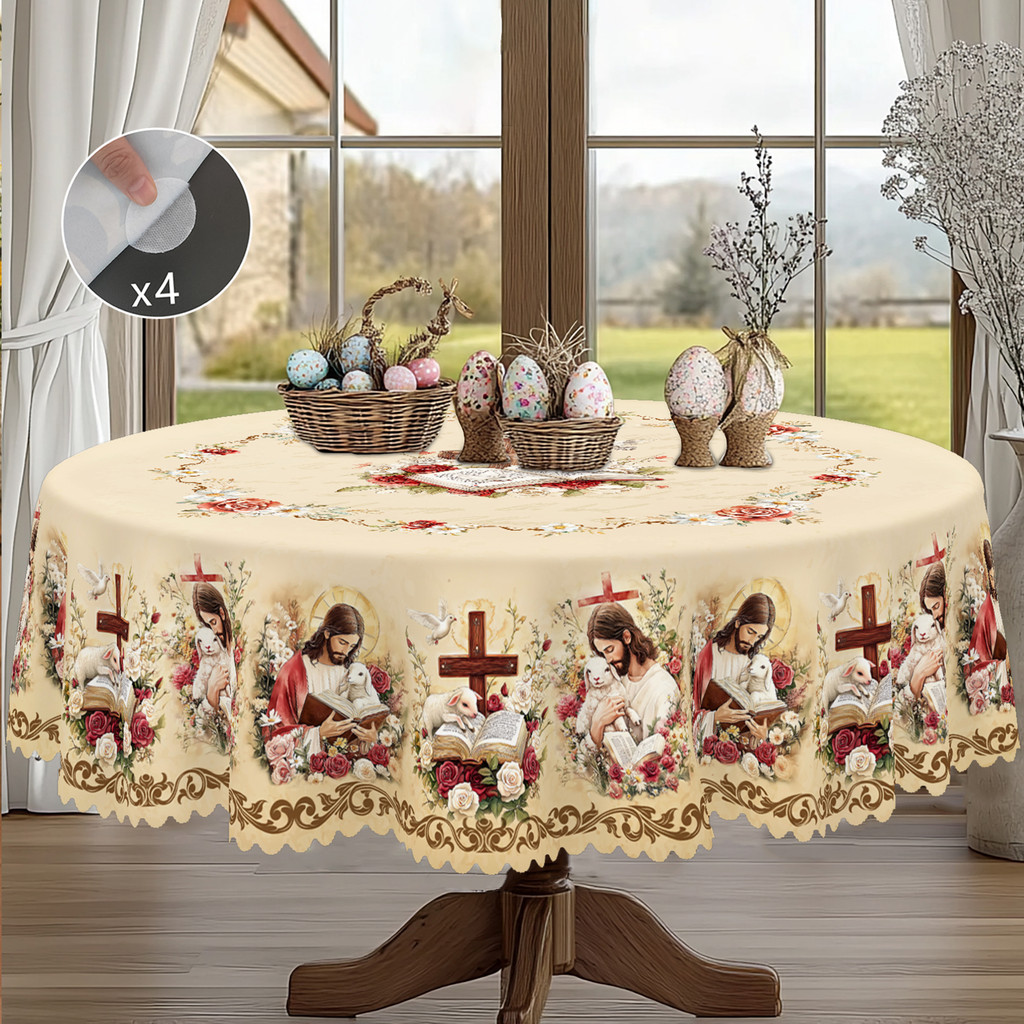 1 Piece of Spring Easter Tablecloth, Lamb, Flower Pattern Design, Retro Farmhouse Style, Suitable