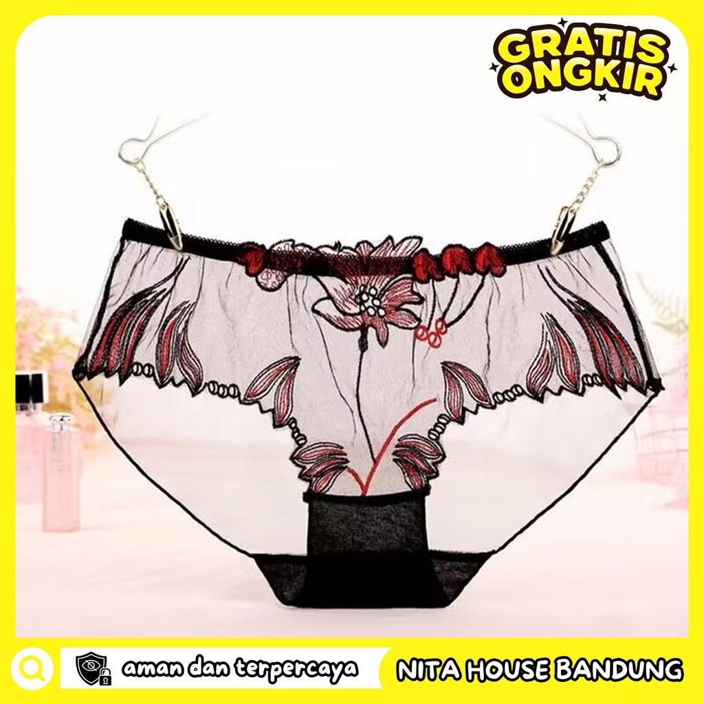 CELANA DALAM WANITA BRIEF TRANSPARAN MOTIF FLORAL LOW PRIVASI AMAN