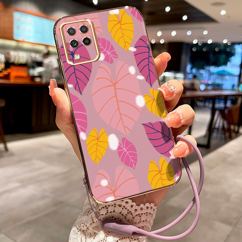 Casing Hp Untuk Samsung Galaxy A22 M22 Case Daun merah muda pelapisan elektro Cesing silikon Kasing 