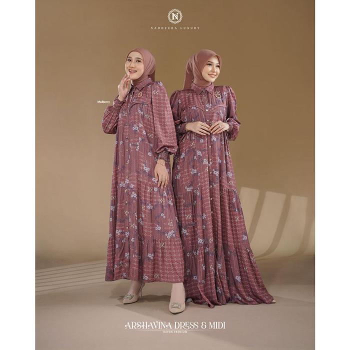 [BISA COD] ARSHAVINA DRESS MIDI NADHEERA LUXURY GAMIS RAYON PREMIUM MOTIF MEWAH KANCING NADHERA