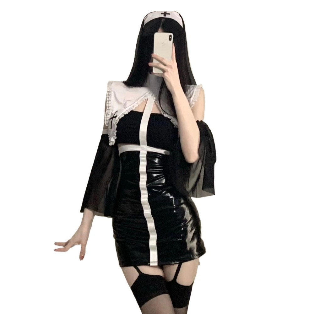 Sexy Lingerie Anime Nun Cosplay Witch Outfit Kawaii Japanese Uniform Set Open Chest Patent Leather