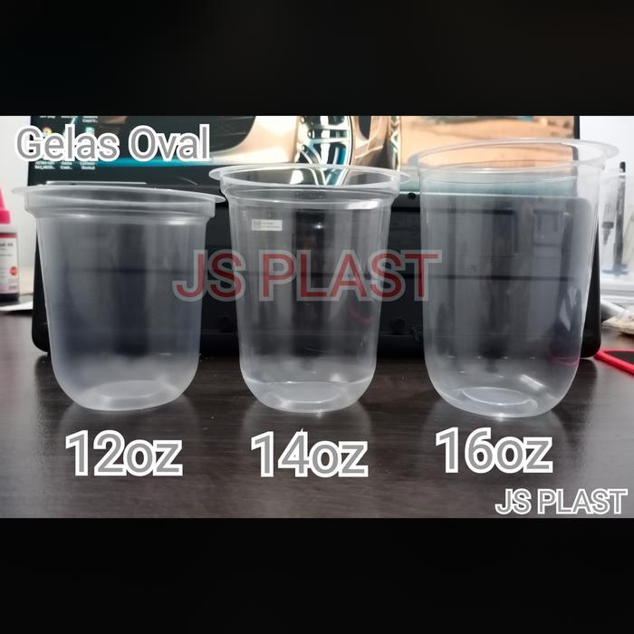 1 DUS Gelas Plastik Oval 12oz 14oz 16oz / Gelas Kapsul / U cup