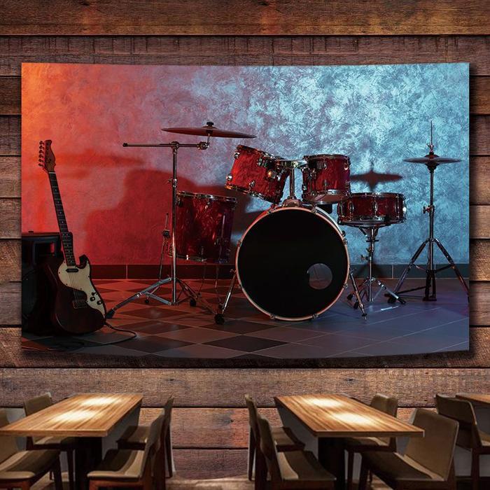 Kain latar belakang alat musik drum set Kain dekorasi dinding untuk asrama, kamar tidur, dan studio