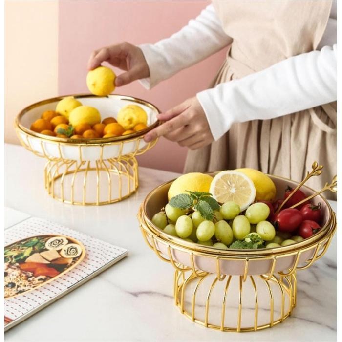 Ideame Tempat Buah Keramik Gold Dudukan Stainless / Keranjang Buah Keramik Emas Kitchenware Plate