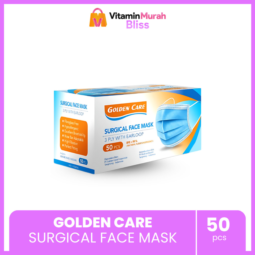 MASKER GOLDEN CARE 3 PLY WITH EARLOOP BFE 99 % 1 BOX ISI 50 PCS